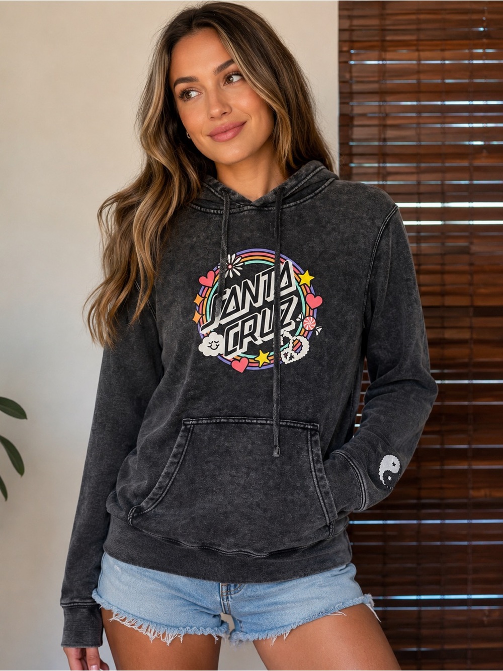 Santa Cruz Black Washed Graphic Hoodie — Rainbow Logo, great condition, sz S
